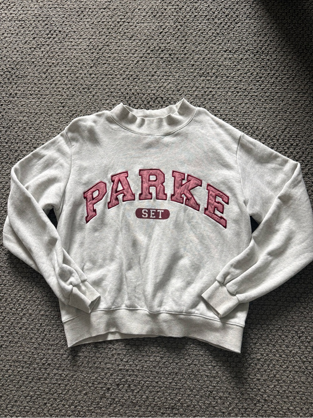 Parker Light Gray Crewneck Sweatshirt with Rose-Pink Lettering